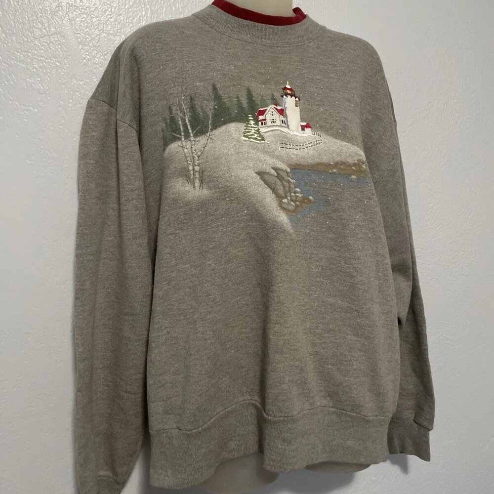 Top Stitch Morning Sun Blue Winter Scene Lighthouse Sweatshirt Size Large